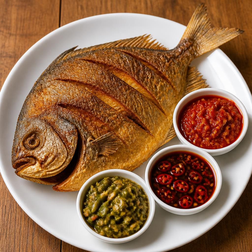 Bawal Goreng 3 Sambal 600 gr Te Sate dengan ikan goreng dan pilihan sambal khas